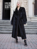Black mink fur coat with hood, long length and relaxed fit, front view.