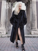 Black mink fur coat with front slit opening, long sleeves, standing straight.