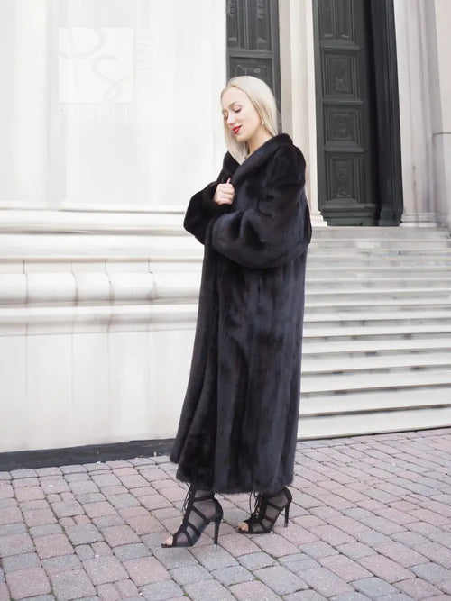Dark mink fur coat with stand collar look and long, buttonless front