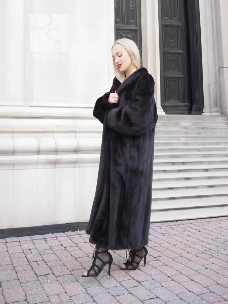 Dark mink fur coat with stand collar look and long, buttonless front