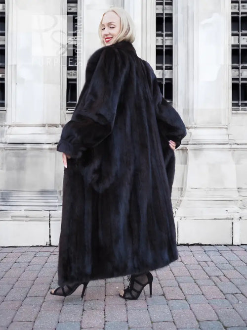 Dark mink fur coat with wide sleeves and relaxed, open front