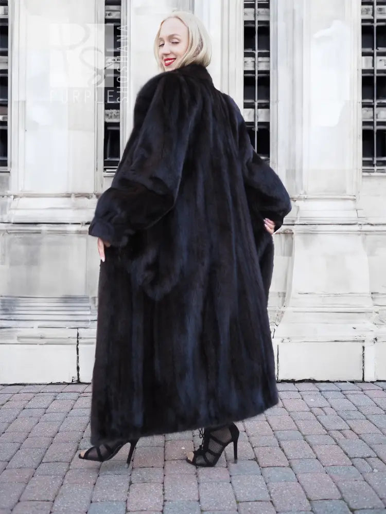 Dark mink fur coat with wide sleeves and relaxed, open front