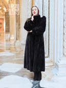 Black mink fur coat, three-quarter front view with high collar and thick cuffs.