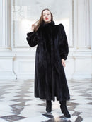 Black mink fur coat, long full-length design with high collar and voluminous sleeves
