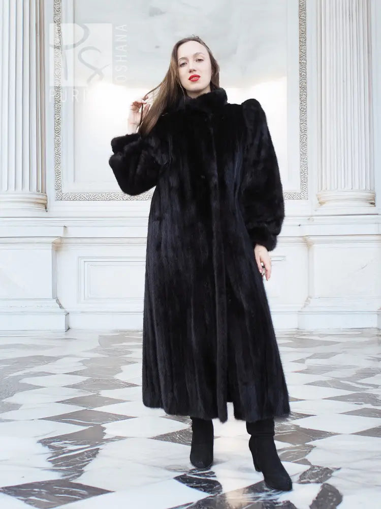 Black mink fur coat, long full-length design with high collar and voluminous sleeves