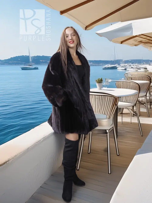 Dark mink fur coat jacket with loose silhouette and flared sleeves