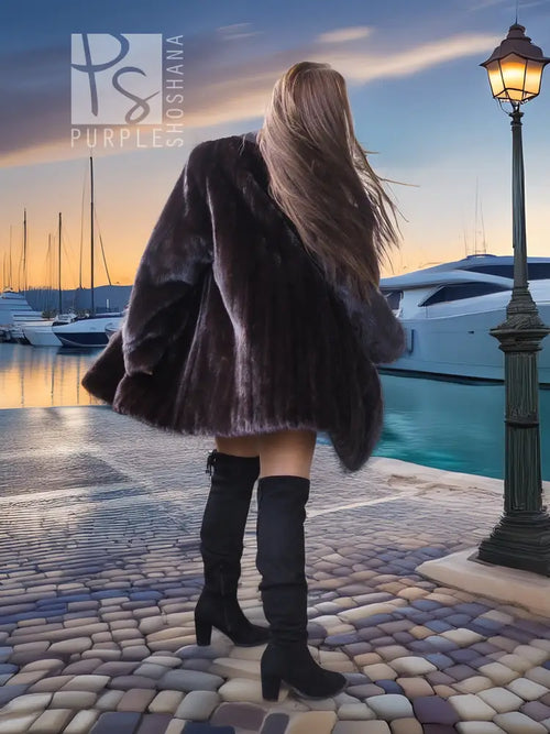 Dark mink fur coat jacket, rear view, long loose fit and full sleeves