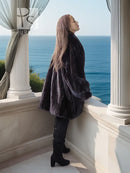 Black mink coat jacket with relaxed fit, full sleeves, and open front
