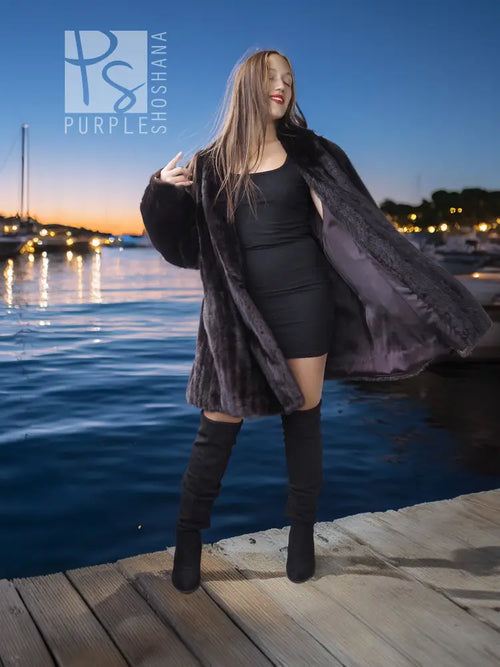 Black mink coat jacket with wide fur collar and open front