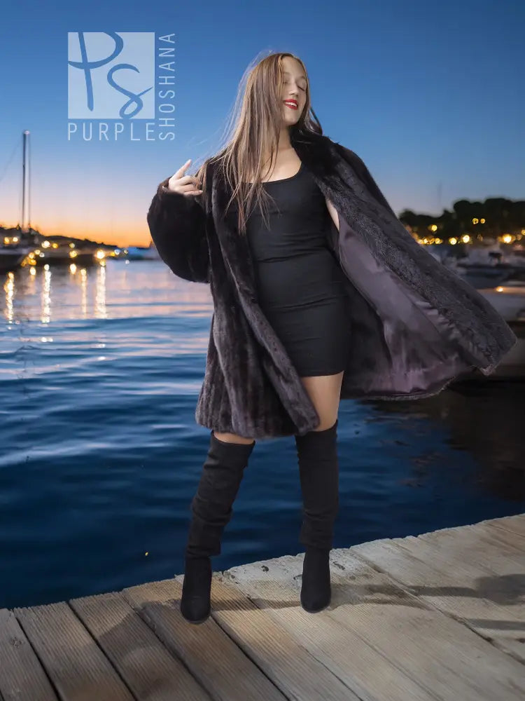 Black mink coat jacket with wide fur collar and open front