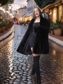 Dark mink fur coat jacket with collarless open front and flared hem