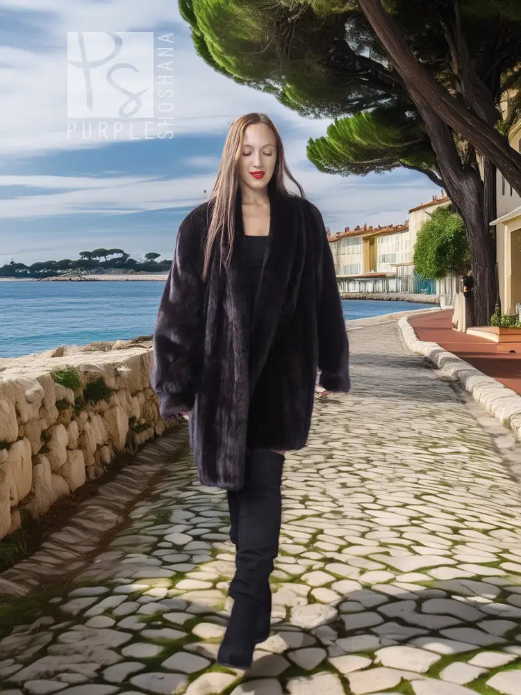 Dark mink fur coat jacket, front view, collarless open front and long length