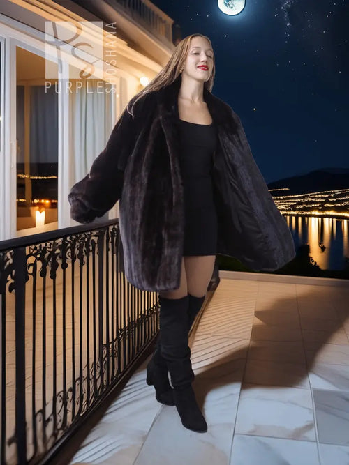 Dark mink fur coat jacket with voluminous shoulders and collarless open front