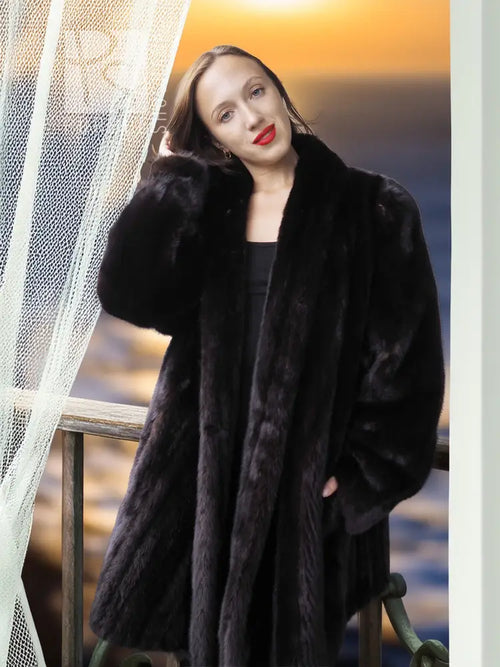 Dark mink fur coat jacket with open front and wide sleeves