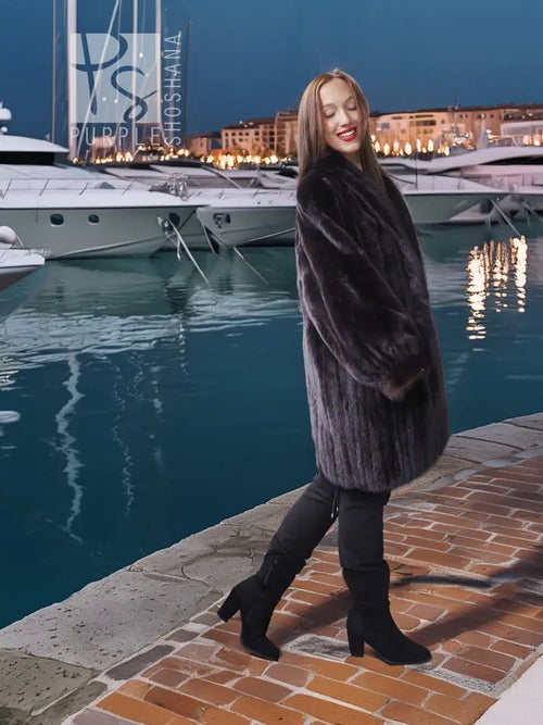 Dark mink fur coat jacket with collarless open front and sculpted sleeves