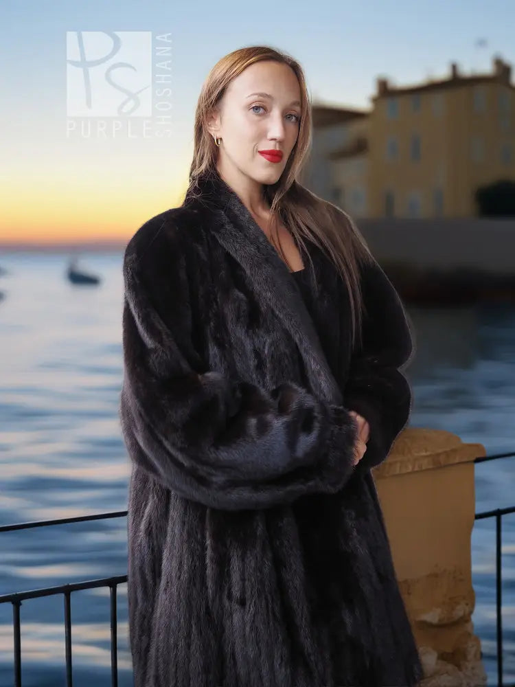 Black mink coat jacket with textured fur and shawl collar