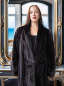 Black mink coat jacket with wide V-style neckline and thick fur texture
