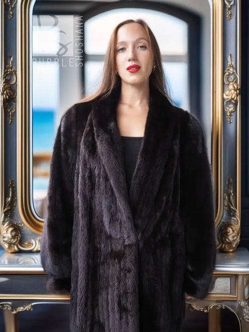 Black mink coat jacket with wide V-style neckline and thick fur texture