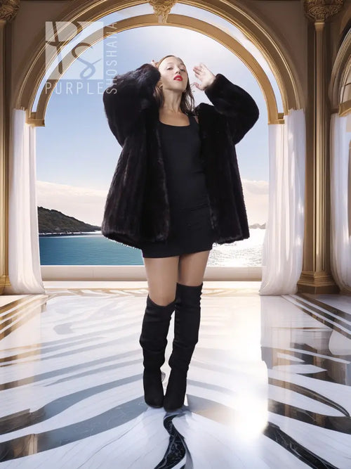 Black mink coat jacket with flared silhouette, open front and full fur sleeves