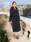 Black curly lamb coat with wide mink fur collar and long sleeves, mid-calf length