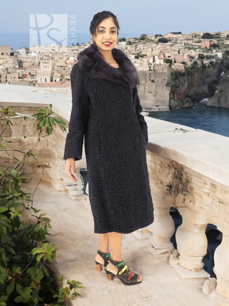 Black Persian Lamb Curly Lamb Coat With Mink Collar Excellent M/L
