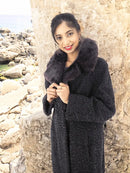 Black curly lamb coat with mink fur collar and buttoned front closure detail