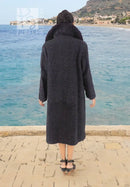 Back view of black curly lamb coat with wide mink fur collar and long sleeves