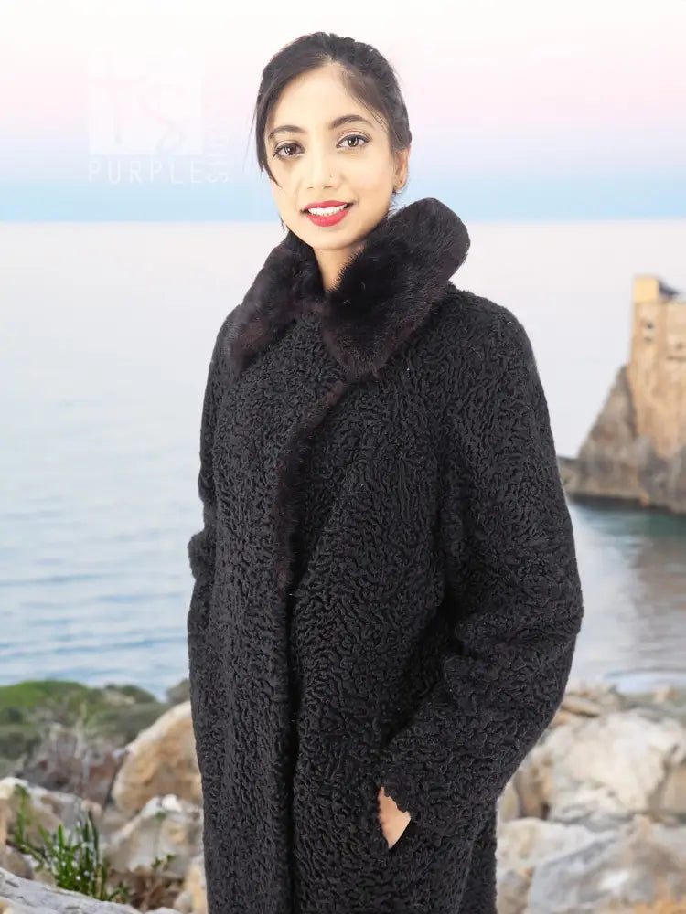 Black curly lamb coat with plush mink collar, front button placket