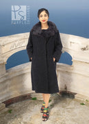 Black curly lamb coat with wide mink collar, knee-length silhouette and long sleeves