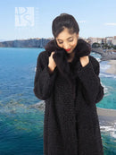 Black curly lamb coat with mink fur collar, front closure detail and long sleeves