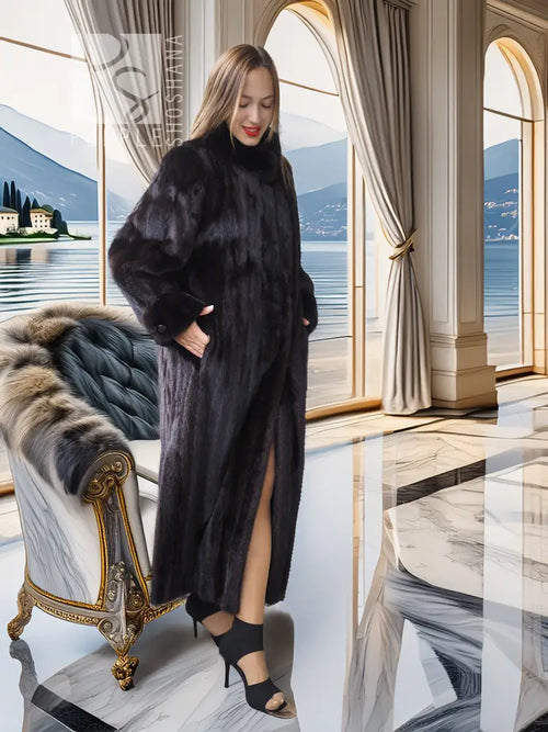 Black mink coat with high collar, wide sleeves, long length, front view