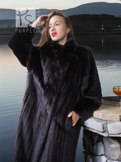 Black mink coat with sculpted collar, textured fur, long sleeves, front view