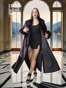 Black mink coat open front with sculpted collar and wide flared skirt