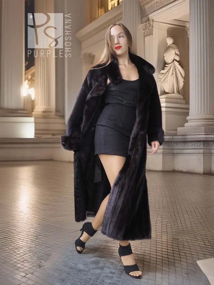 Black mink coat with deep collar and long length, open front view