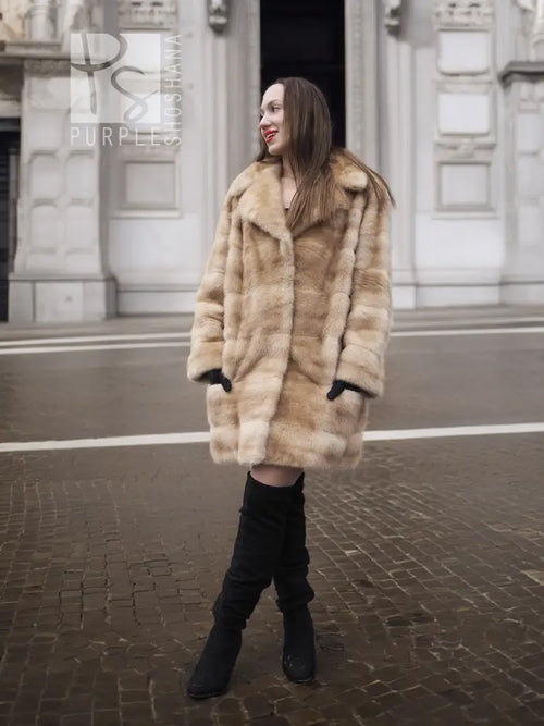 Pastel mink fur coat with structured shoulders and straight hem, M/L
