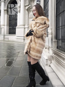 Pastel mink fur coat with thick collar and side seams, M/L
