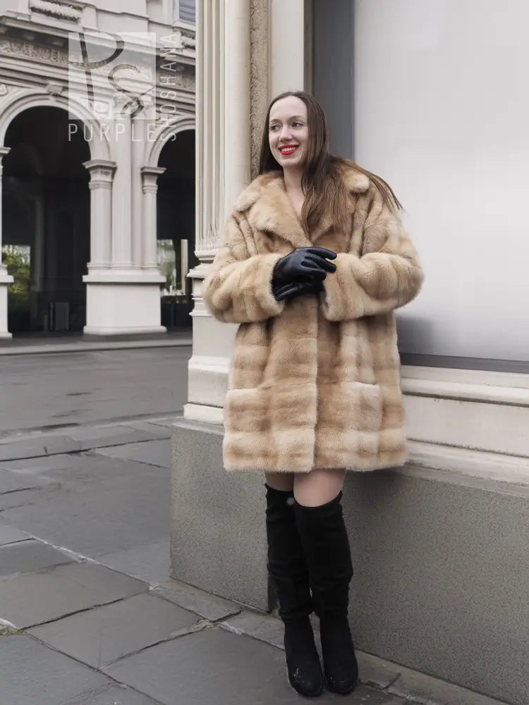 Blond pastel mink fur coat, open front with wide lapels, knee-length