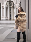 Pastel mink fur coat with cozy collar and cropped, belted look, M/L