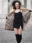 Pastel mink fur stroller jacket, oversized collar and long sleeves with black cuffs