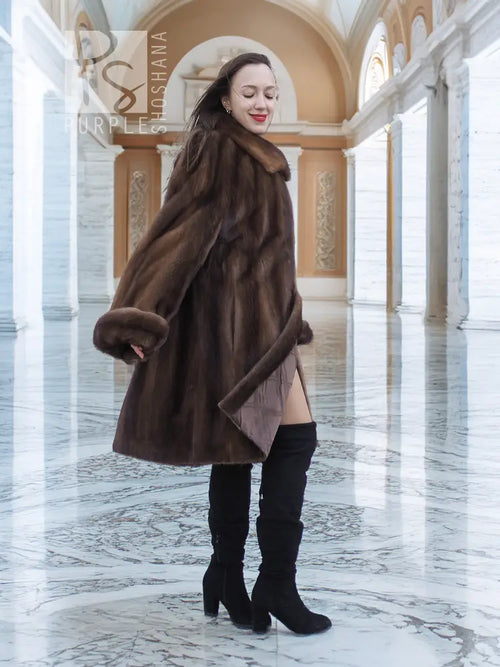 Women’s hooded mink fur swing coat in dark brown, wide collar, side view, long sleeves