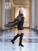 Dark brown mink fur coat with wide collar and straight front, knee-covering swing hem.