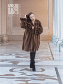 Women’s hooded mink fur swing coat in dark brown, front button closure, long sleeves