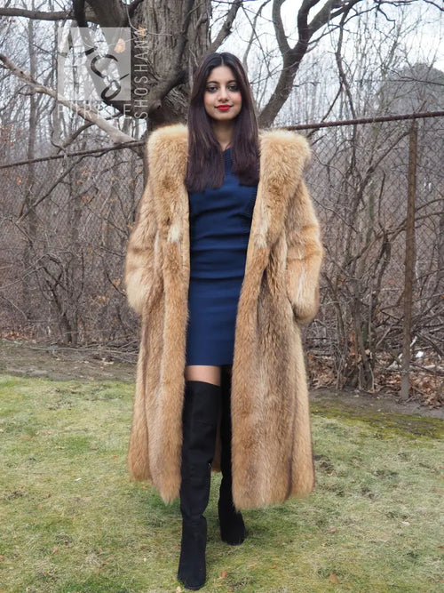Tanuki raccoon fur coat with oversized hood, open front, tan plush texture, full-body view.