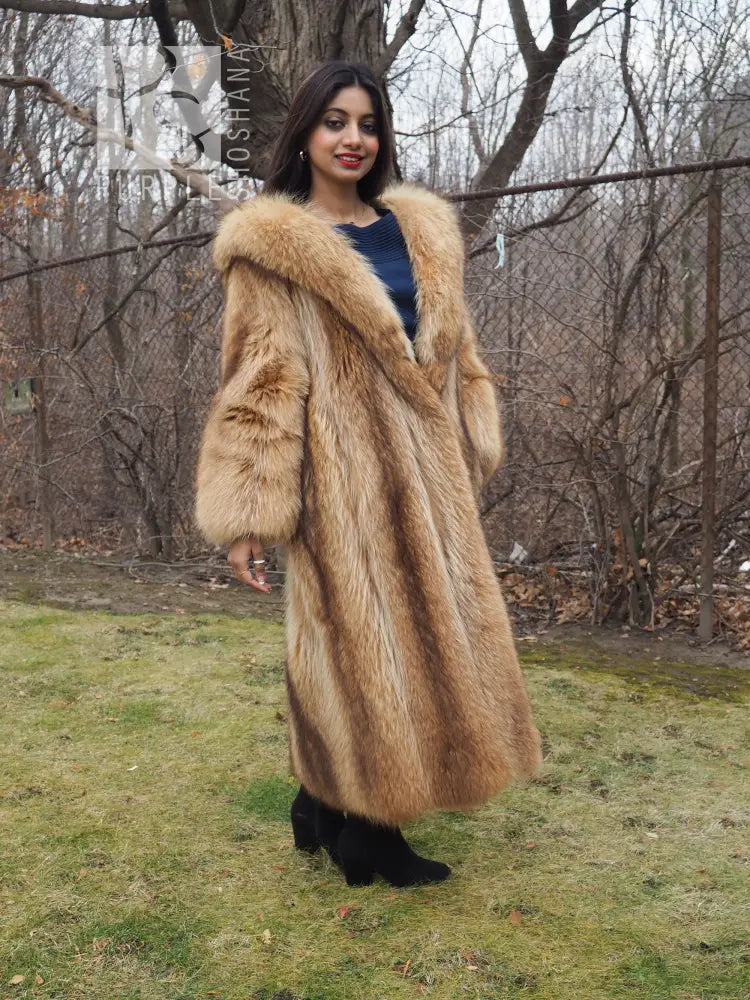 Tanuki raccoon fur coat standing front view, tan hooded plush texture, knee-length hem.