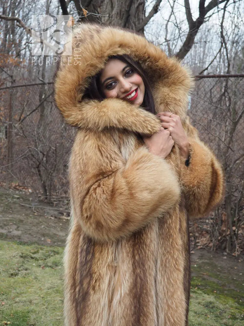 Tanuki raccoon fur coat with large hood and wide fur collar, tan