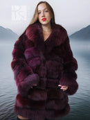 Burgundy fox fur jacket with thick rounded fur panels and shawl collar
