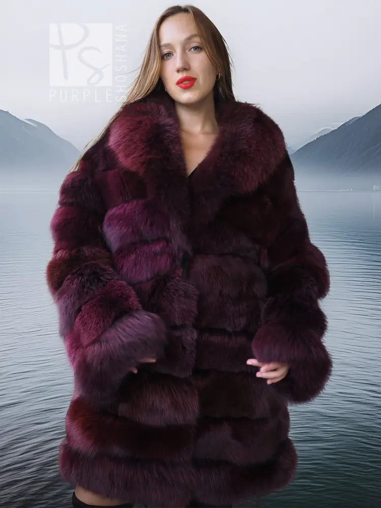 Burgundy fox fur jacket with thick rounded fur panels and shawl collar