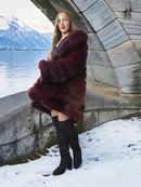 Burgundy fox fur jacket, stroller length, long sleeves with puffed fur panels