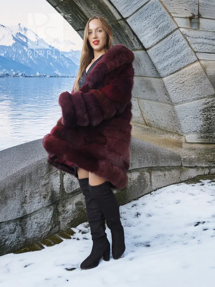 Burgundy fox fur jacket, stroller length, long sleeves with puffed fur panels