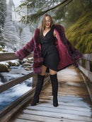 Burgundy fox fur jacket, stroller length, open front with wide fur cuffs